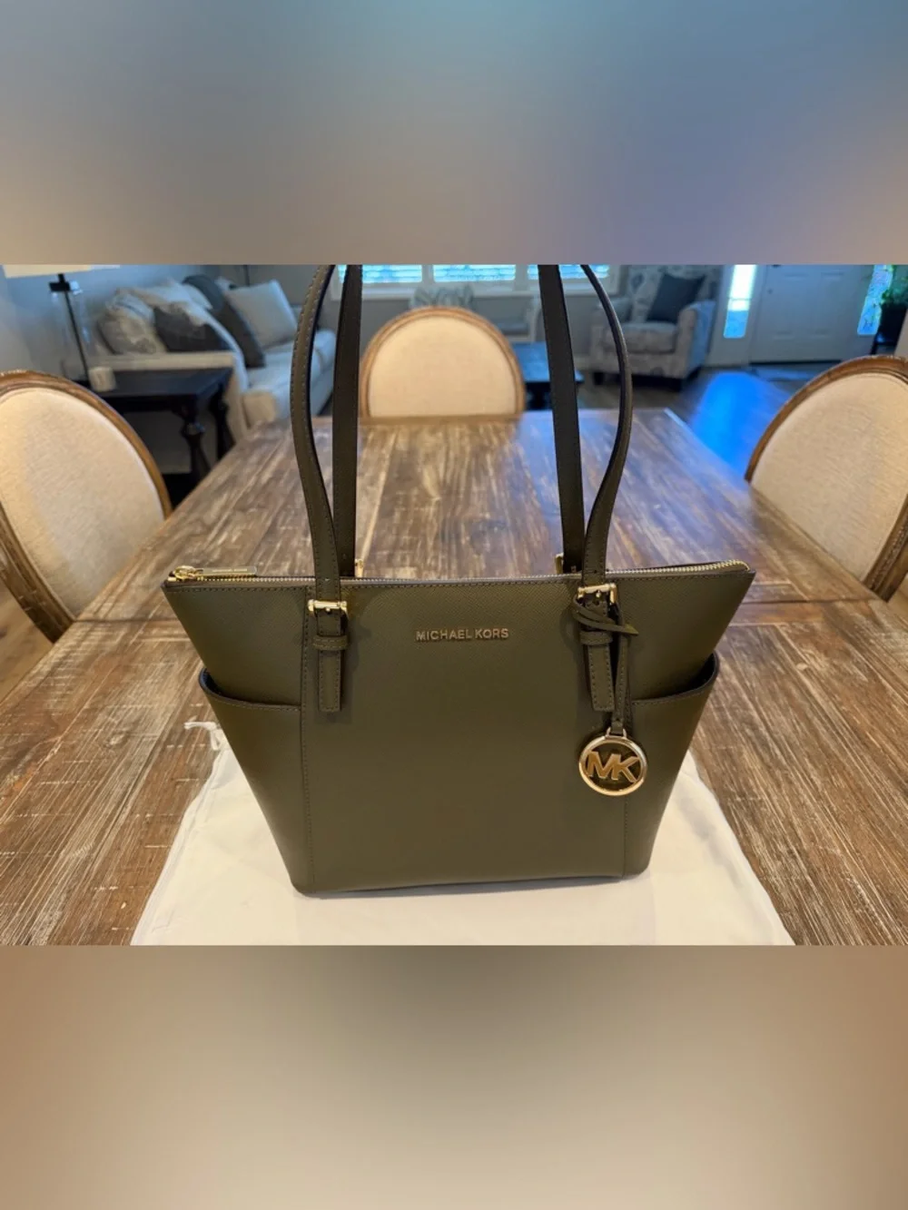 Michael Kors Dark Olive Saffiano Leather Tote with Gold Logo Charm - Picture 2 of 16